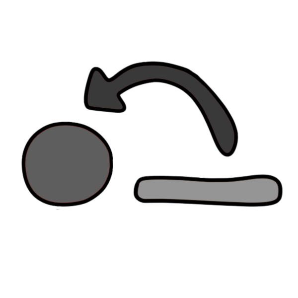 a curved dark gray arrow points from a dash over to a gray blob to its left.